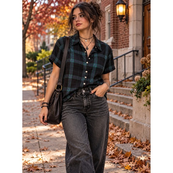 Ayni Love Ruffle Tops - Wild Fable Plaid Button Up Shirt Women L Black Green Rayon Dark Academia